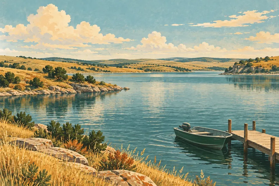 Illustrated great plains lake with a moored boat and surrounding landscape