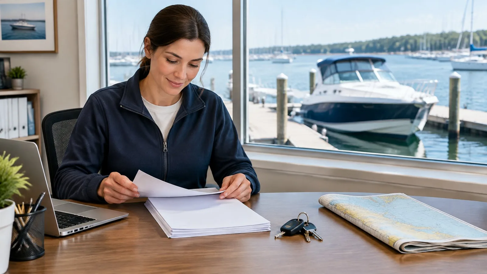 A person reviews boat registration paperwork at a desk overlooking a marina.