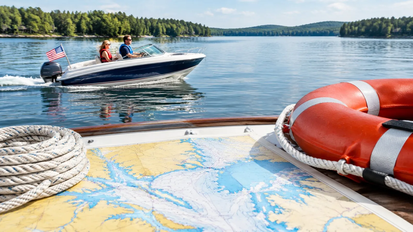Two adults wearing life jackets ride a motorboat on a lake beside a nautical chart.