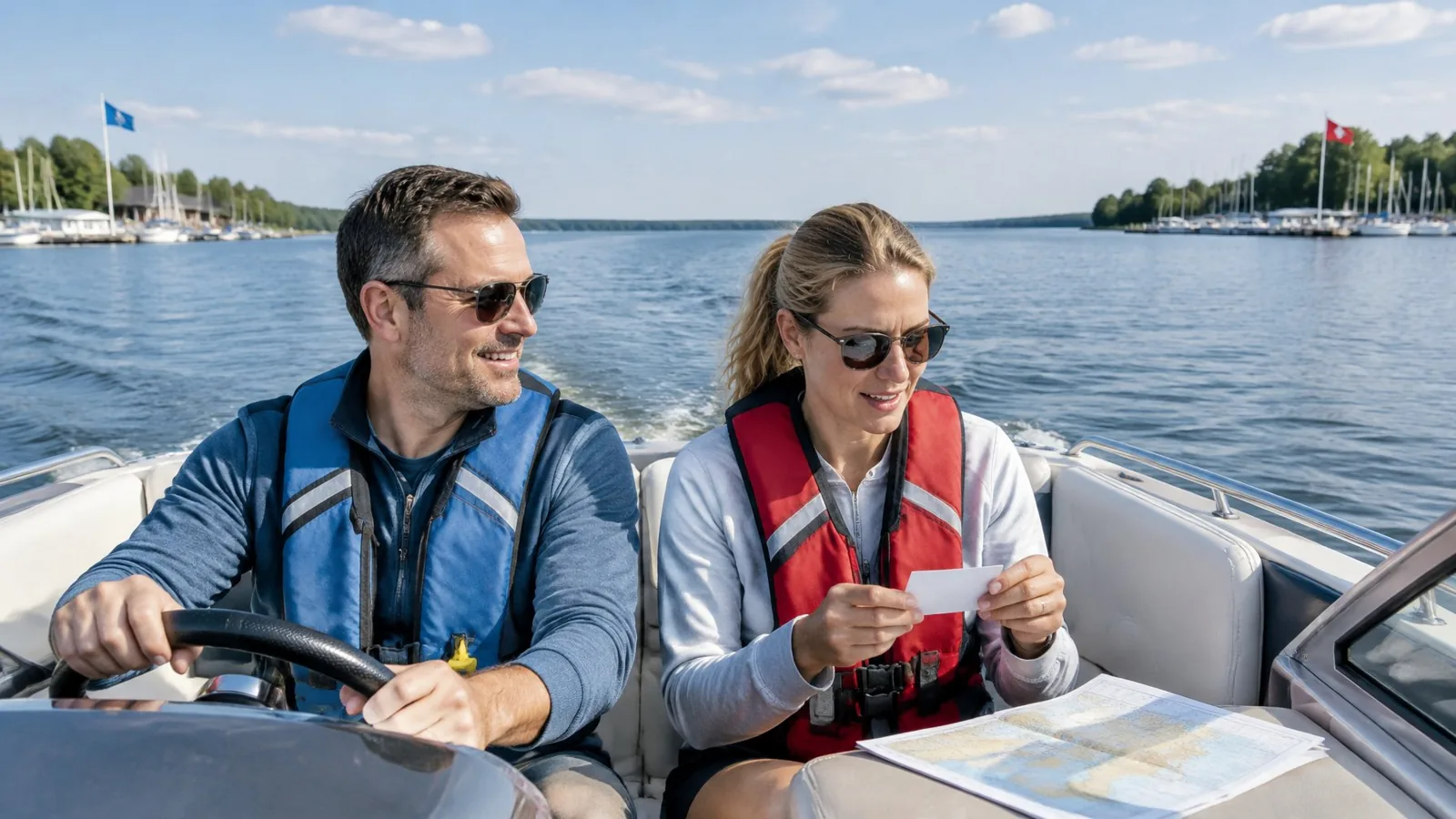 Two adults in a motorboat review a blank card and nautical chart on a lake.