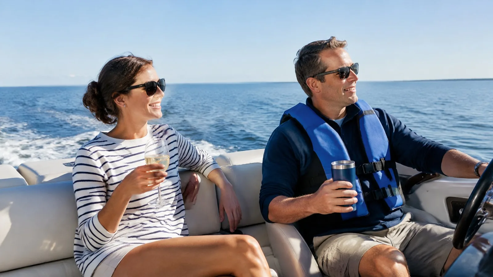 Two adults relax on a boat, one holding a glass of wine and the other a nonalcoholic drink.