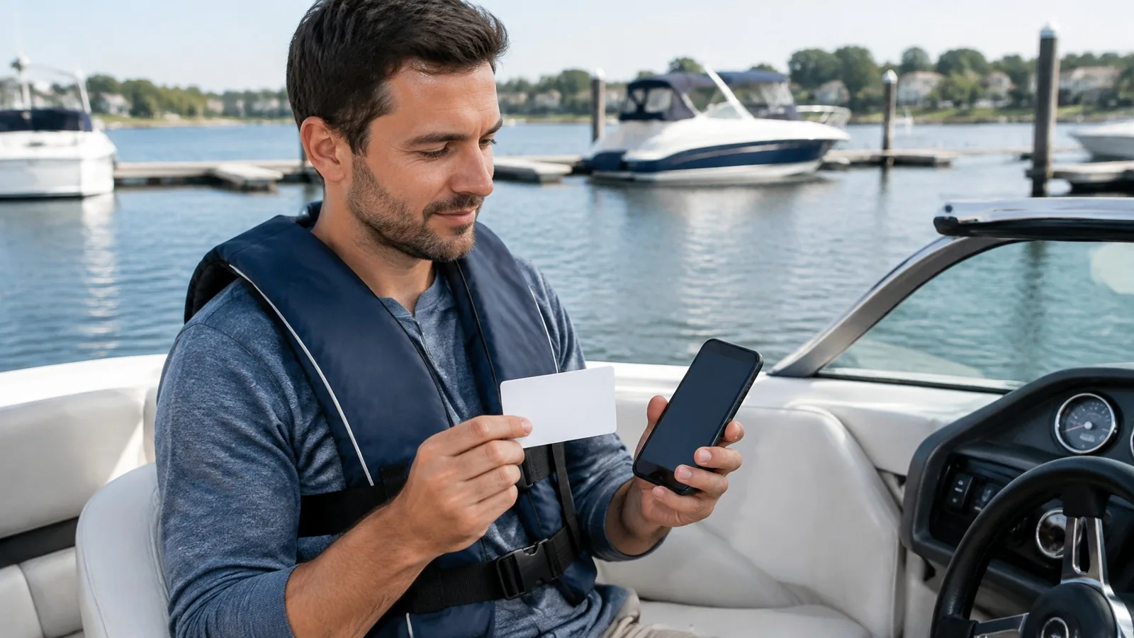 A boat operator checks a card while seated in a motorboat near a marina.
