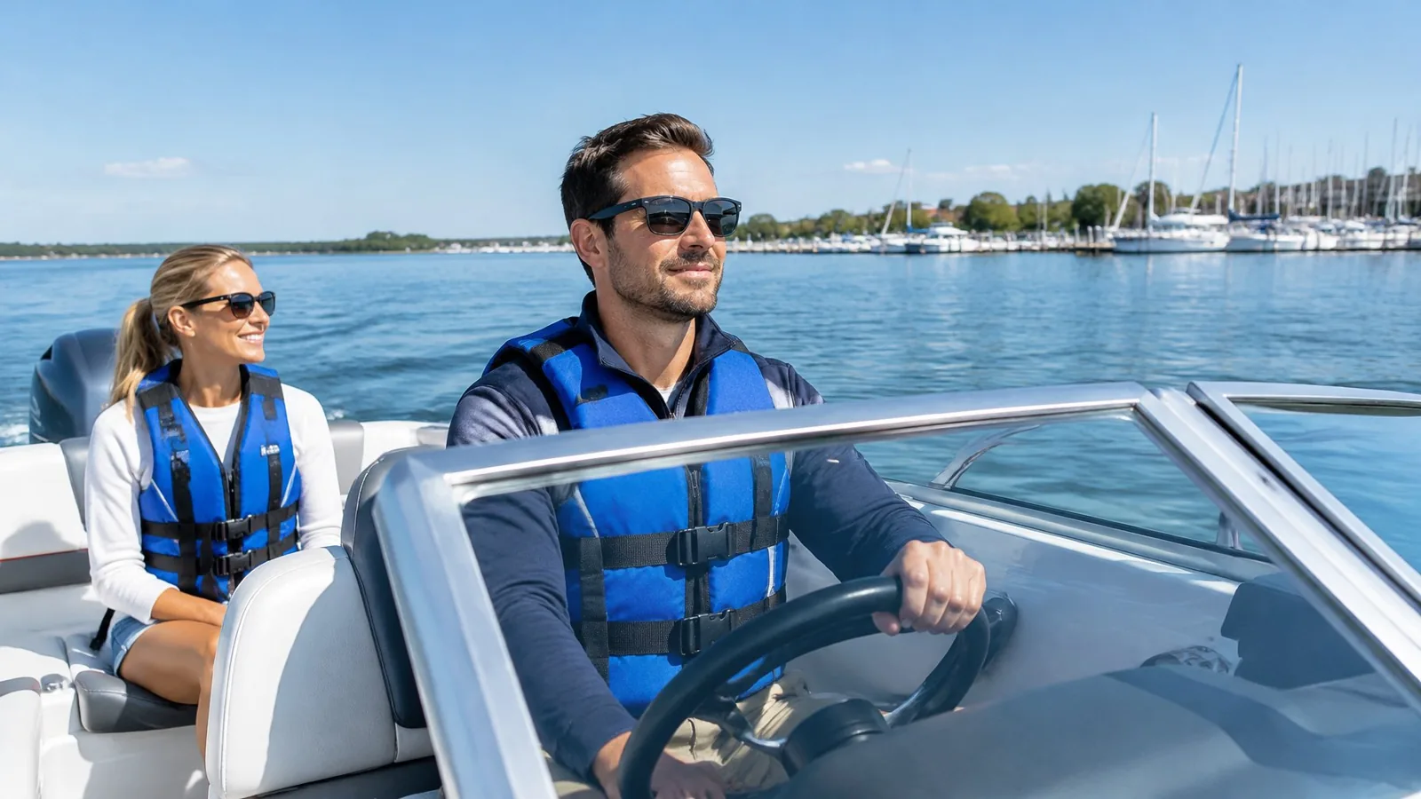 An adult steers a small motorboat on calm water near a marina.