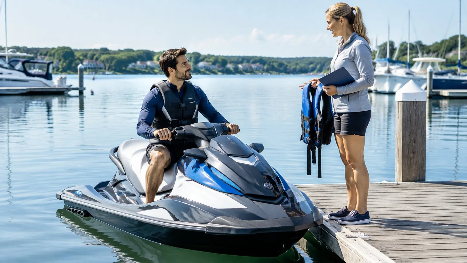 An adult wearing a life jacket sits on a jet ski near a marina while another person stands on the dock.