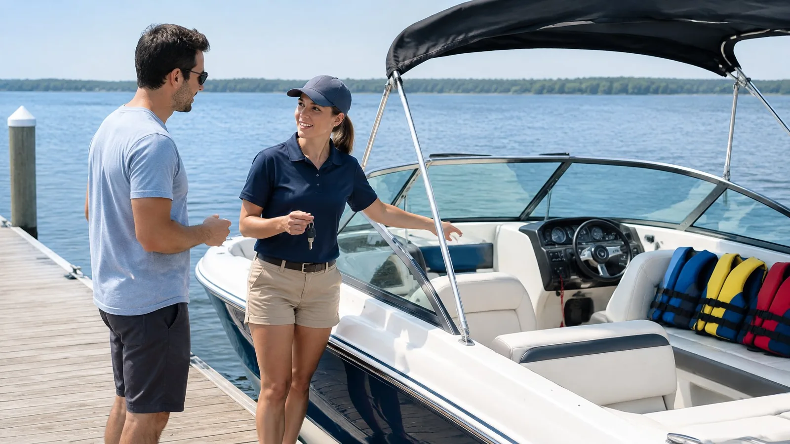 A renter speaks with a marina employee beside a motorboat at a dock.