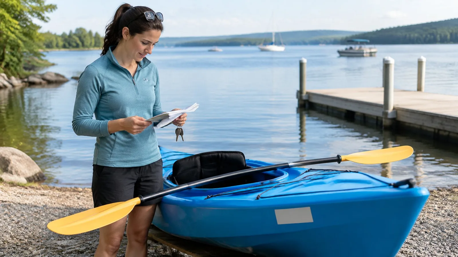 A person checks boating papers beside a kayak at a lakeside launch.