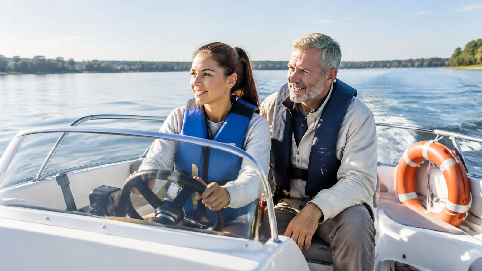 A young adult steers a motorboat while an older adult sits nearby.