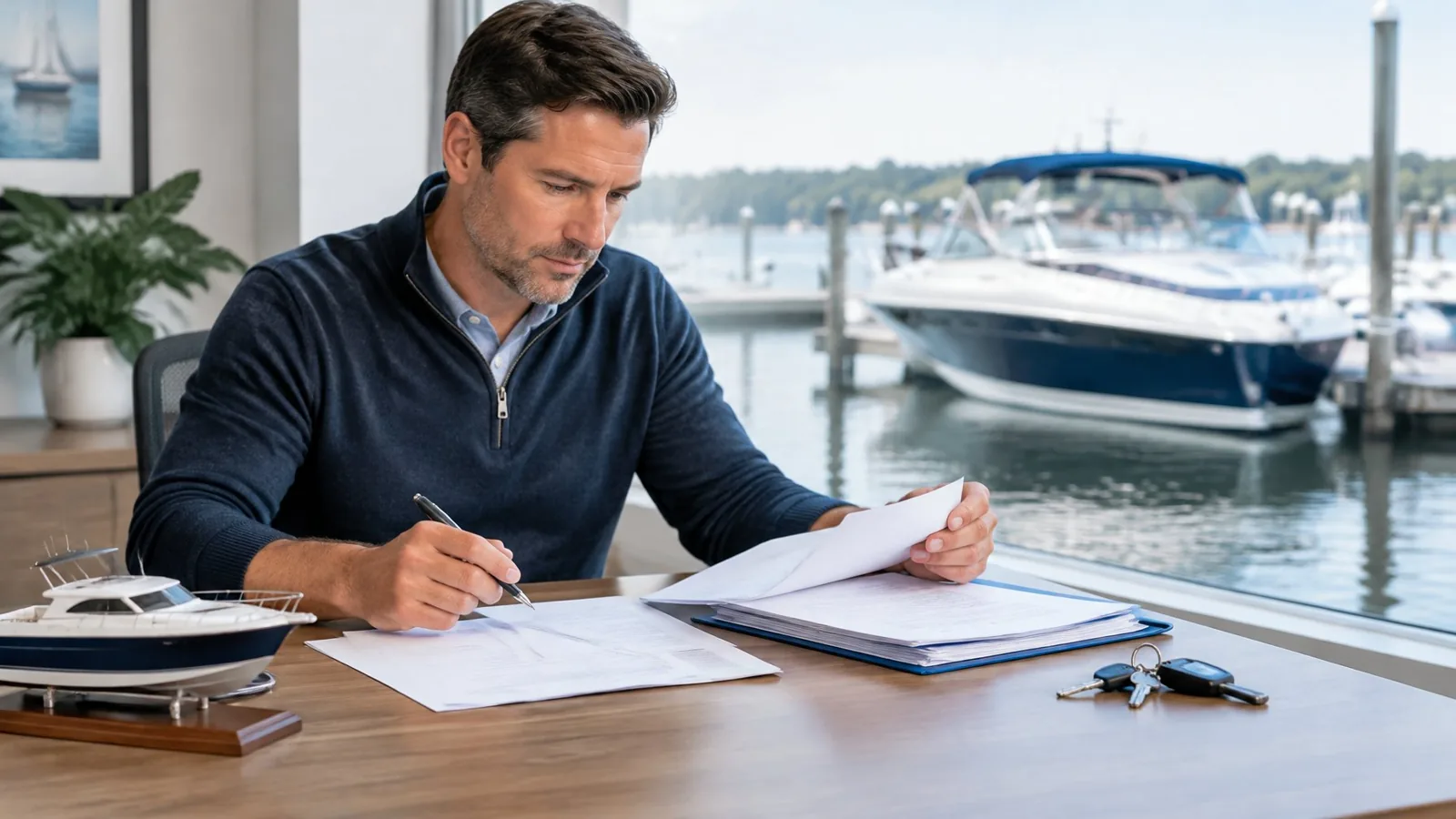 A boat owner reviews paperwork at a desk overlooking a boat docked at a marina.