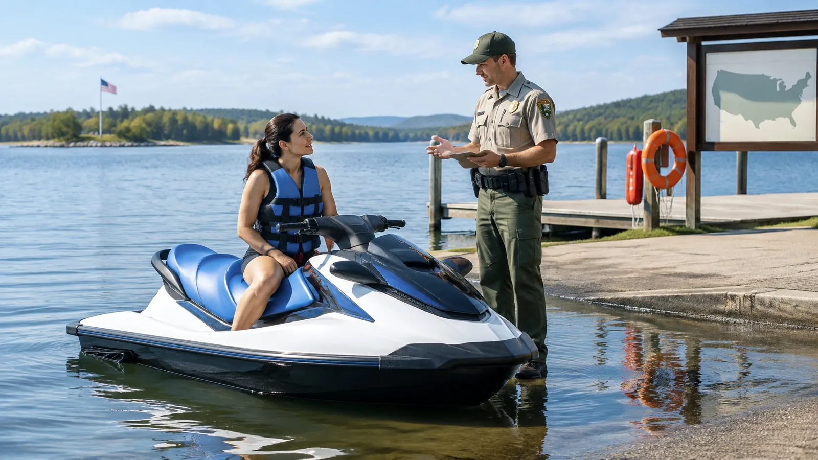A park ranger speaks with a life-jacketed jet ski rider beside a lake.