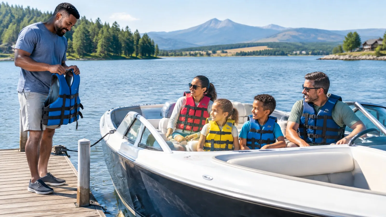 A family wearing life jackets rides in a small boat while an adult checks another life jacket at the dock.