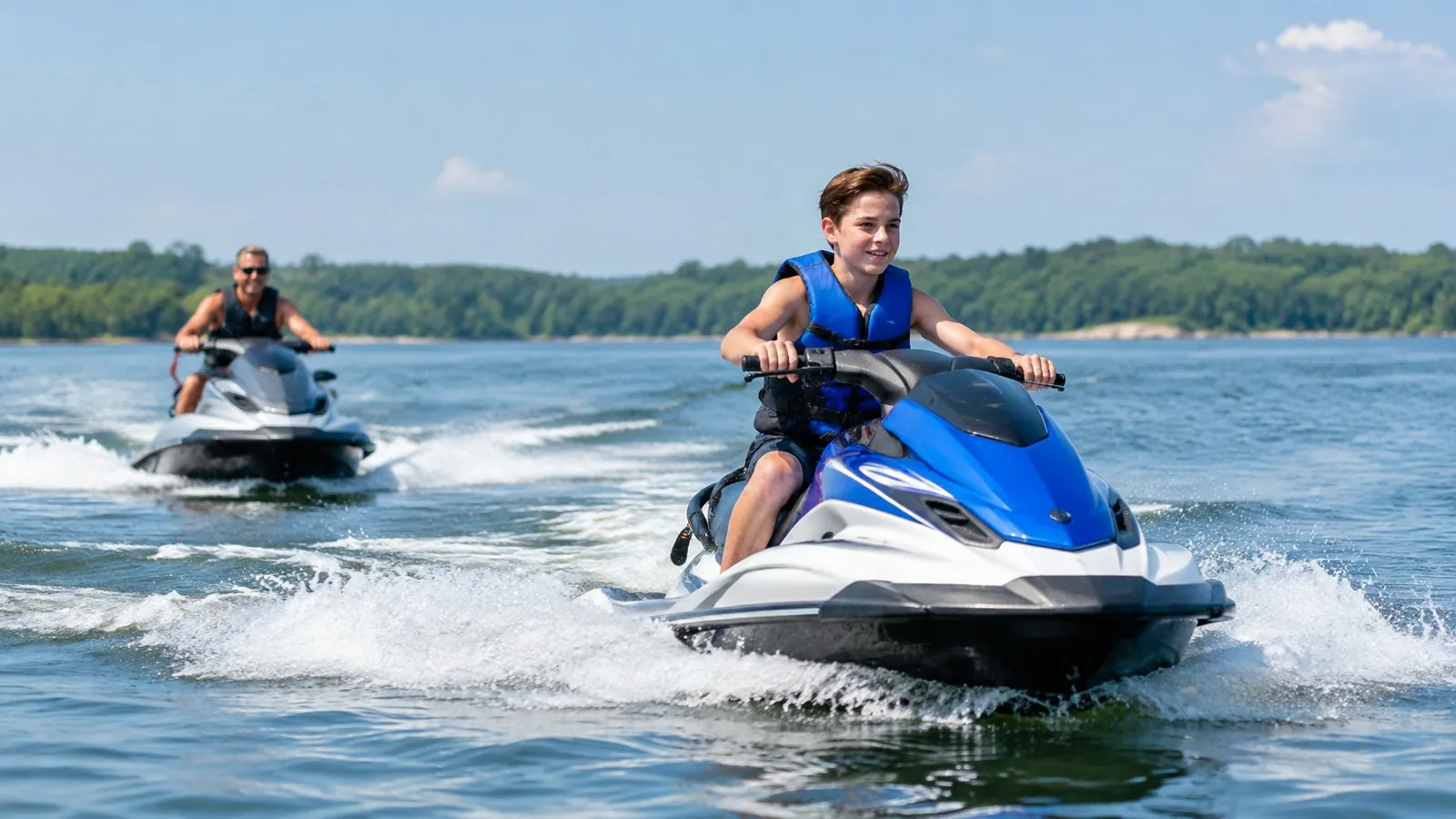 A teenager rides a jet ski on a lake while an adult supervises nearby.