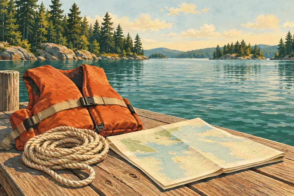 A life jacket, coiled mooring rope and folded chart laid out on a wooden dock