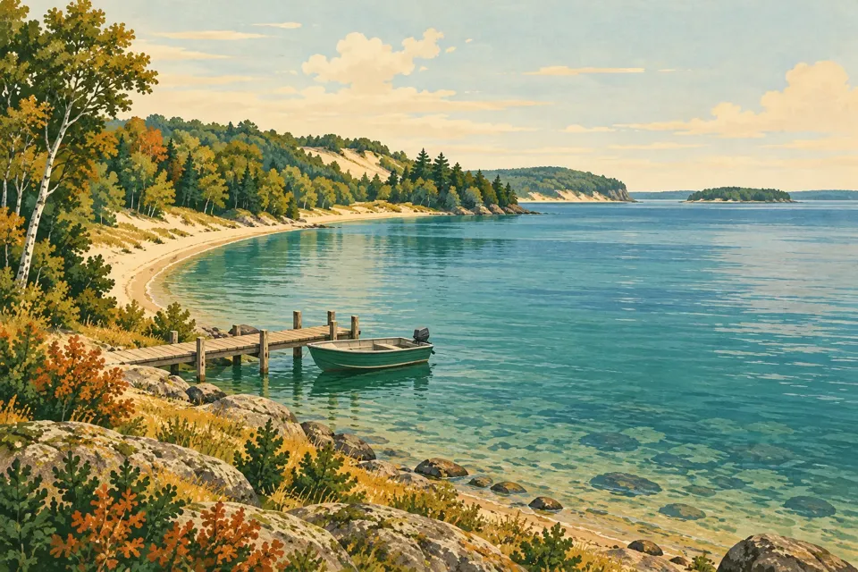 Illustrated midwest lake with a moored boat and surrounding landscape