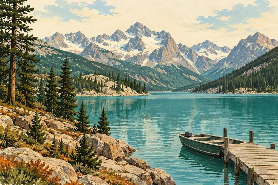 Illustrated mountain west lake with a moored boat and surrounding landscape