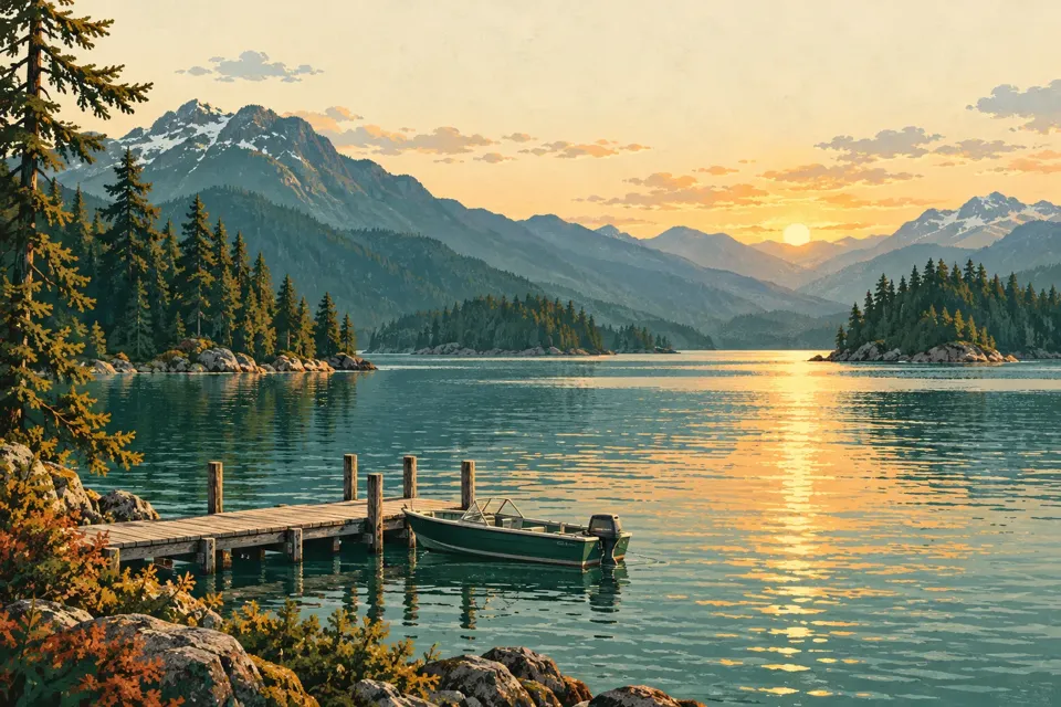 Illustrated pacific lake with a moored boat and surrounding landscape