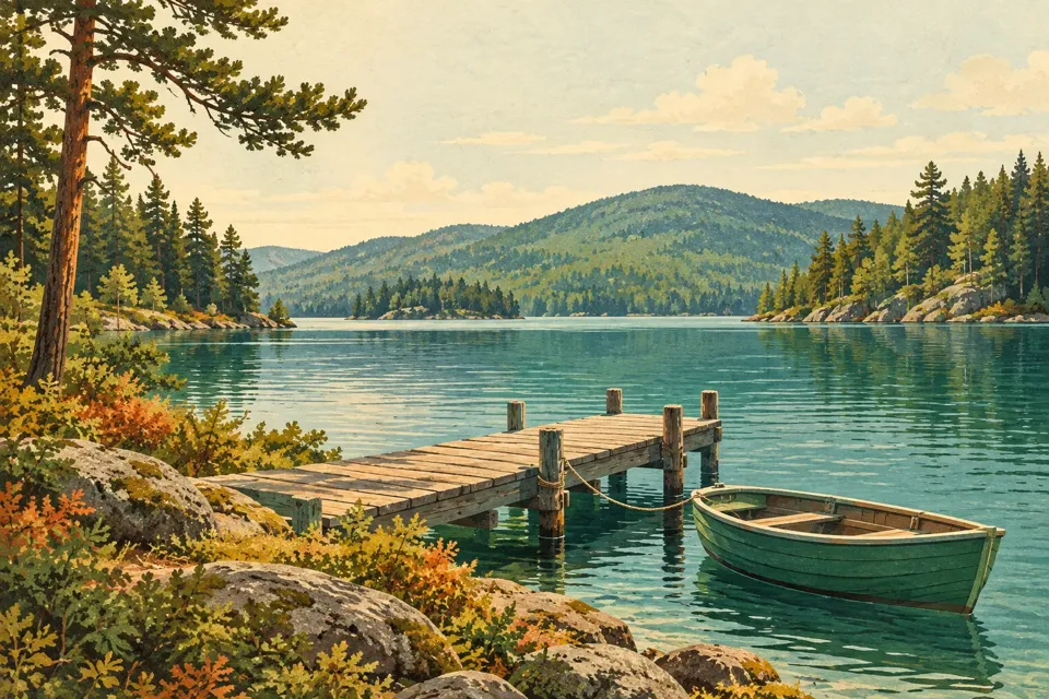 A quiet lakeside jetty with a boat moored at the shore