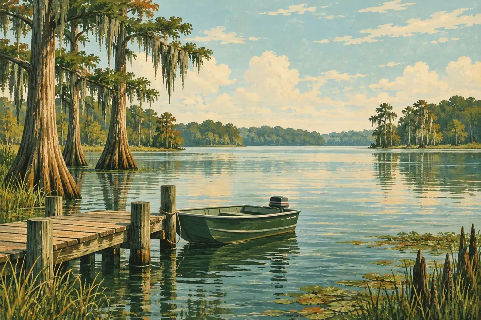 Illustrated southeast lake with a moored boat and surrounding landscape